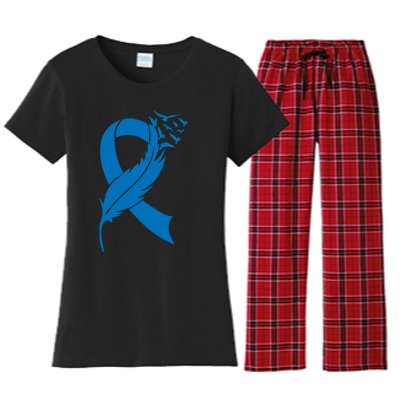 Feather Blue Ribbon Colon Cancer Women's Flannel Pajama Set