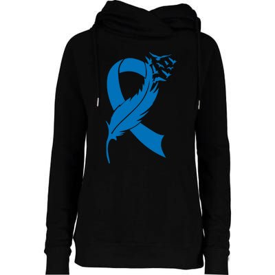 Feather Blue Ribbon Colon Cancer Womens Funnel Neck Pullover Hood