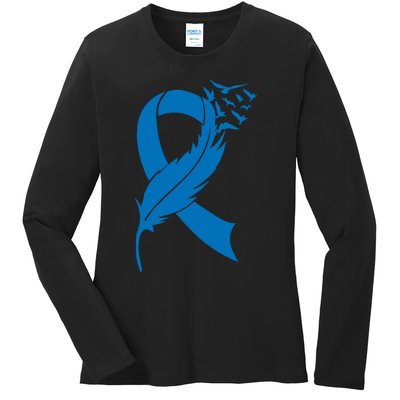 Feather Blue Ribbon Colon Cancer Ladies Long Sleeve Shirt