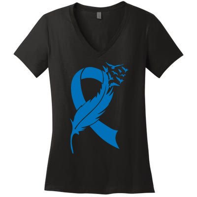 Feather Blue Ribbon Colon Cancer Women's V-Neck T-Shirt