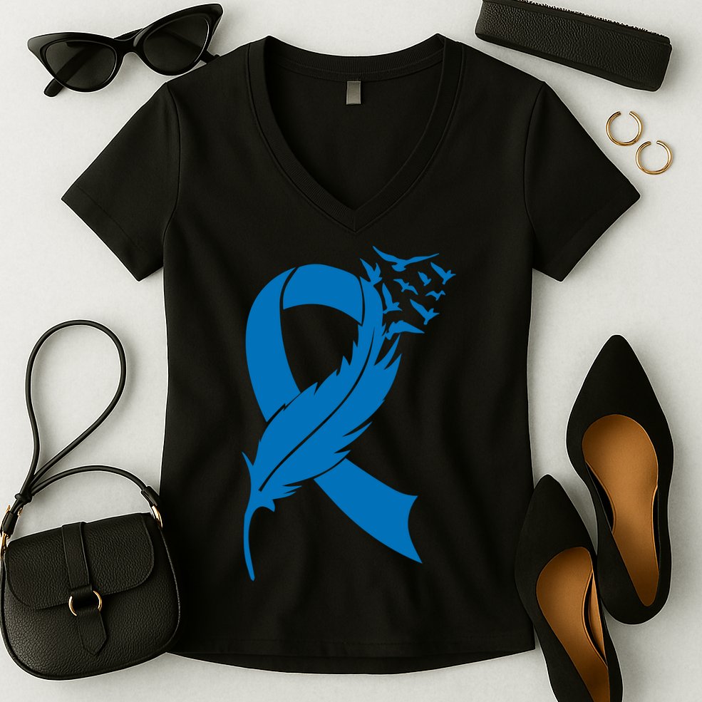 Feather Blue Ribbon Colon Cancer Women's V-Neck T-Shirt