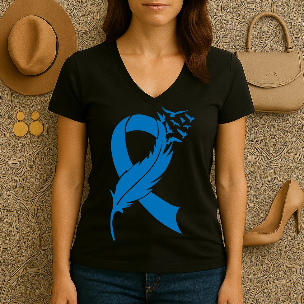 Feather Blue Ribbon Colon Cancer Women's V-Neck T-Shirt