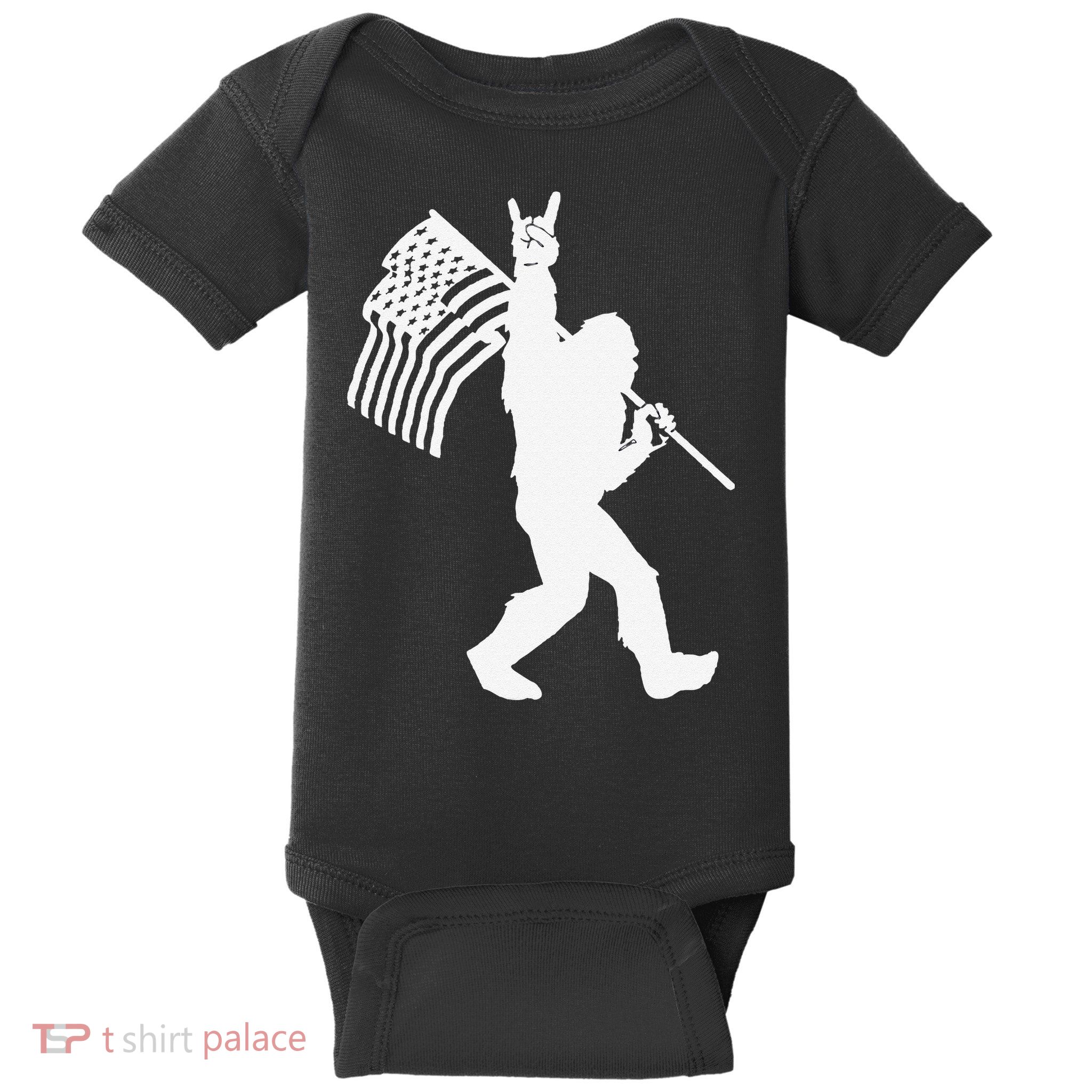 Funny Bigfoot Rock and Roll US Flag for Sasquatch Believers Baby Bodysuit