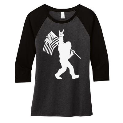 Funny Bigfoot Rock and Roll US Flag for Sasquatch Believers Women's Tri-Blend 3/4-Sleeve Raglan Shirt