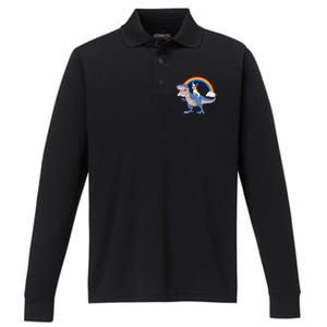 French Bulldog Riding Dinosaur Performance Long Sleeve Polo