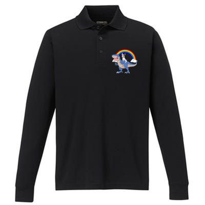 French Bulldog Riding Dinosaur Performance Long Sleeve Polo