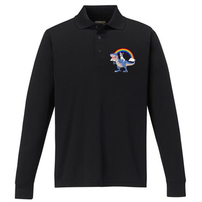 French Bulldog Riding Dinosaur Performance Long Sleeve Polo