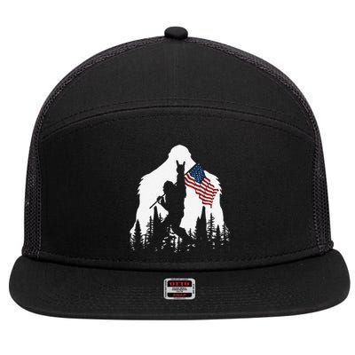 Funny Bigfoot Rock On Hold American Flag Sasquatch Believers 7 Panel Mesh Trucker Snapback Hat