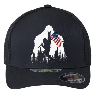 Funny Bigfoot Rock On Hold American Flag Sasquatch Believers Flexfit Unipanel Trucker Cap