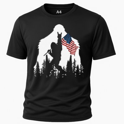 Funny Bigfoot Rock On Hold American Flag Sasquatch Believers Performance Shirt