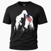 Funny Bigfoot Rock On Hold American Flag Sasquatch Believers Cooling Performance Crew T-Shirt