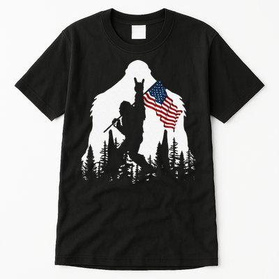 Funny Bigfoot Rock On Hold American Flag Sasquatch Believers Tall T-Shirt