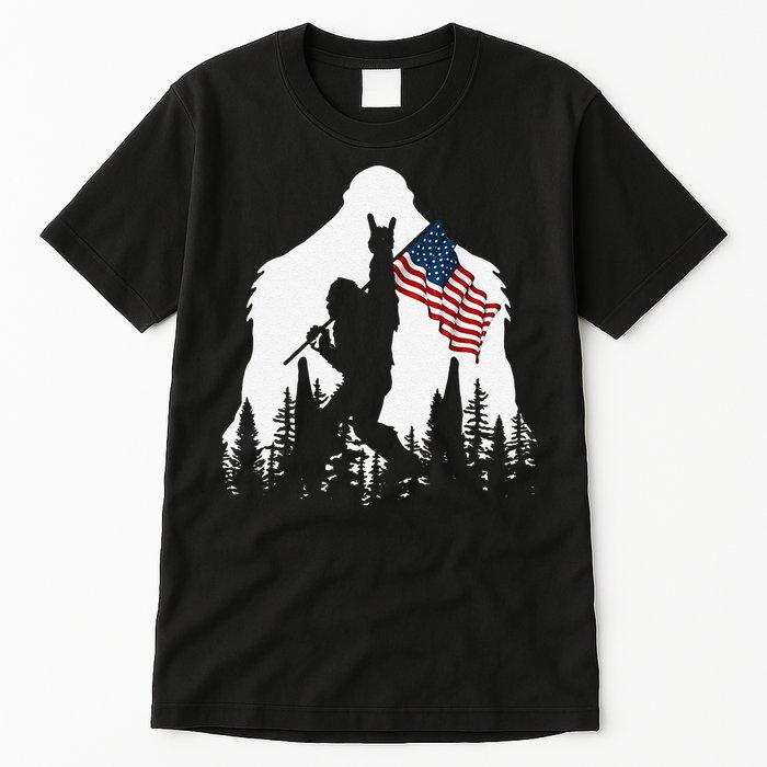 Funny Bigfoot Rock On Hold American Flag Sasquatch Believers Tall T-Shirt