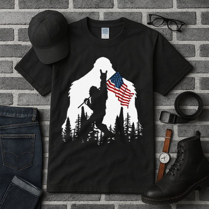 Funny Bigfoot Rock On Hold American Flag Sasquatch Believers Tall T-Shirt