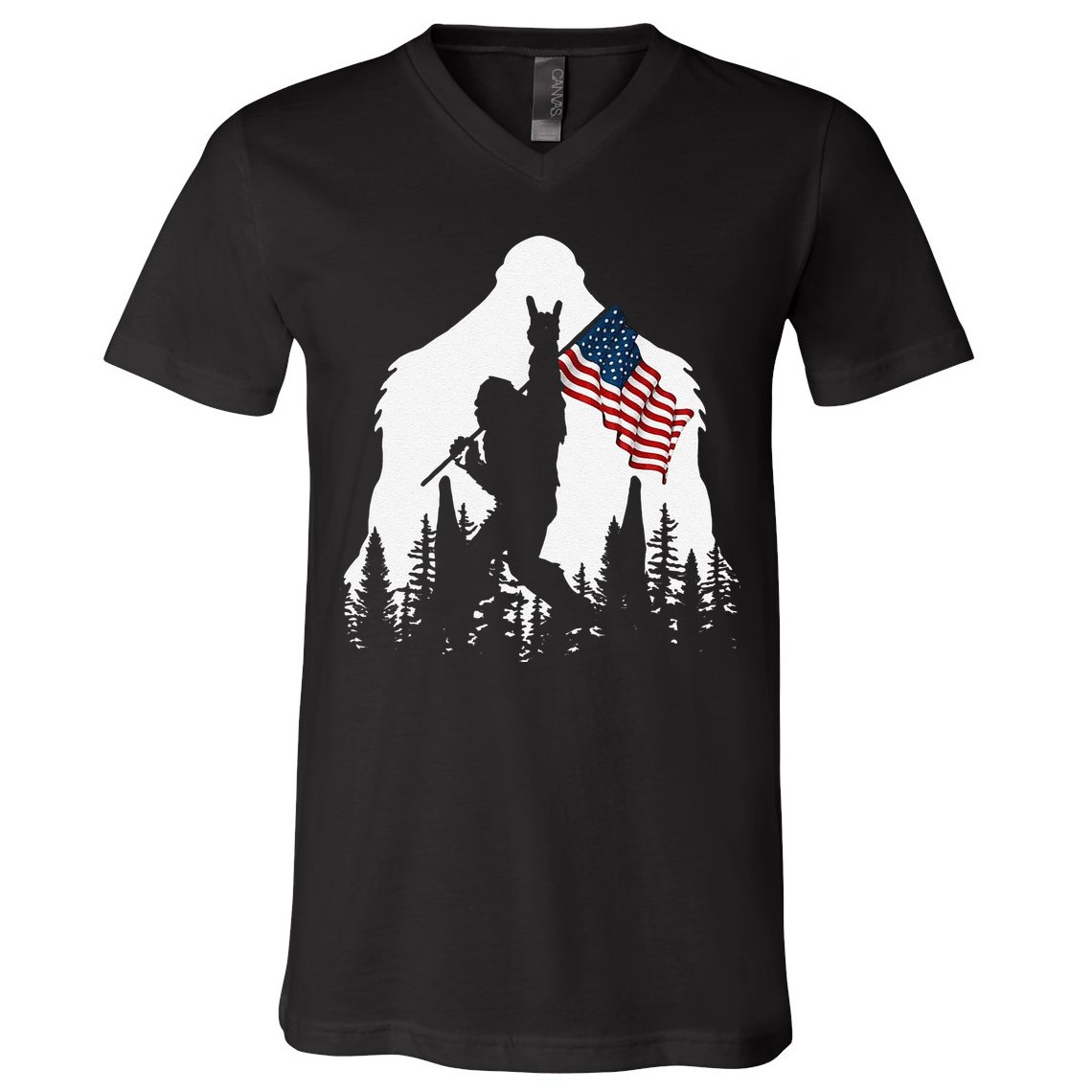 Funny Bigfoot Rock On Hold American Flag Sasquatch Believers V-Neck T-Shirt