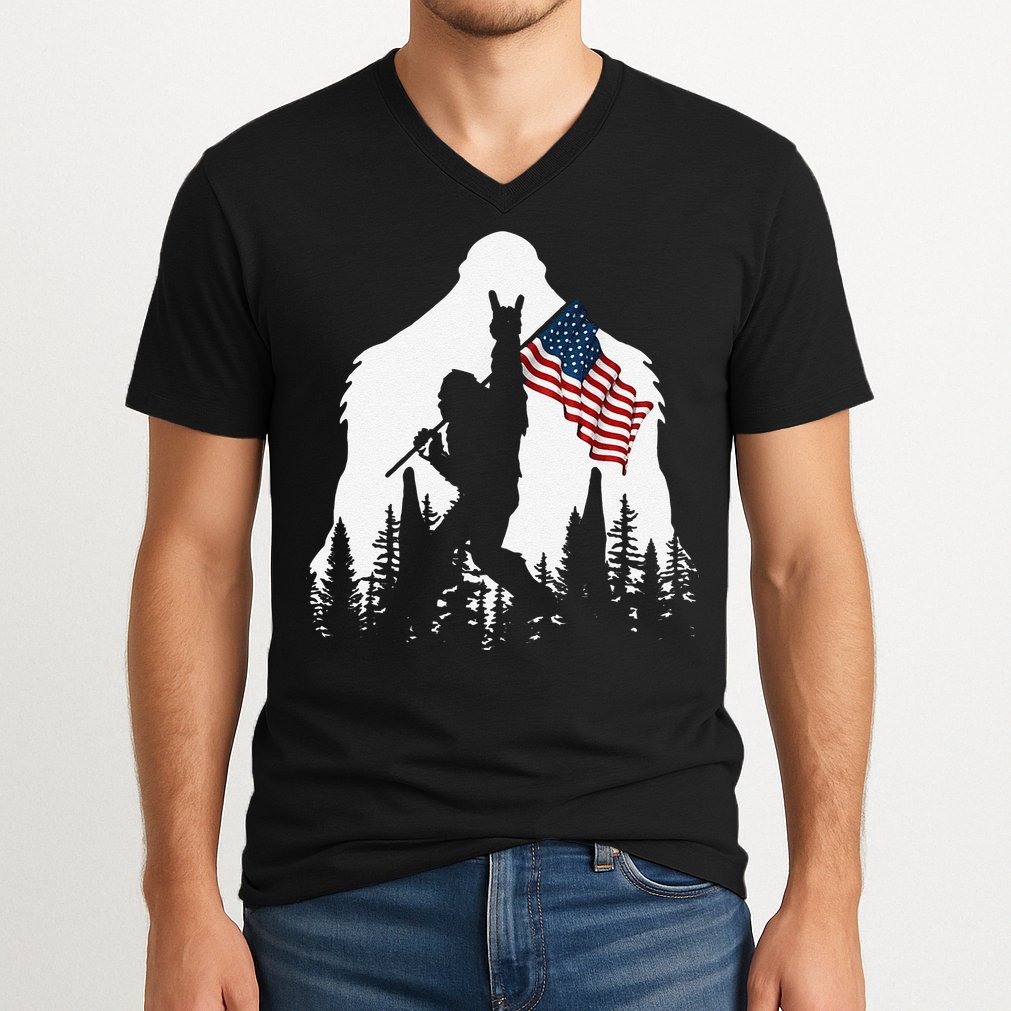 Funny Bigfoot Rock On Hold American Flag Sasquatch Believers V-Neck T-Shirt