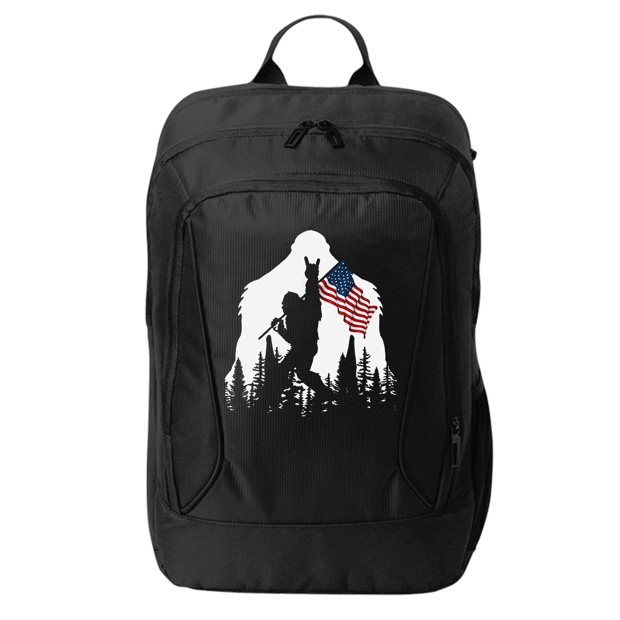 Funny Bigfoot Rock On Hold American Flag Sasquatch Believers City Backpack