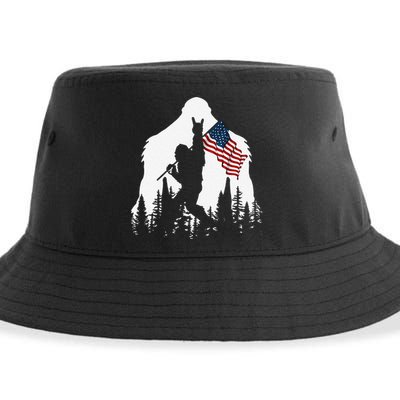 Funny Bigfoot Rock On Hold American Flag Sasquatch Believers Sustainable Bucket Hat