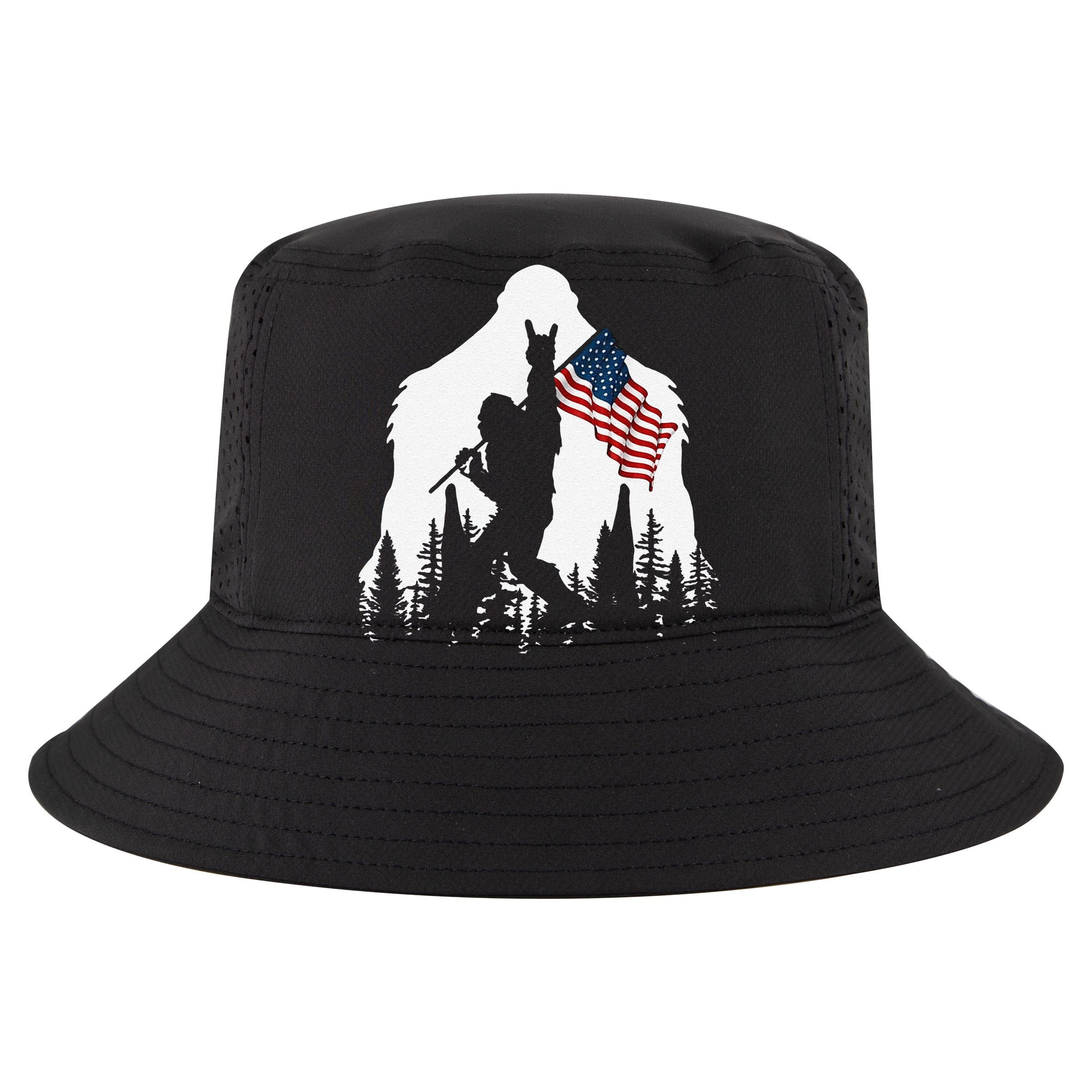 Funny Bigfoot Rock On Hold American Flag Sasquatch Believers Sustainable Bucket Hat