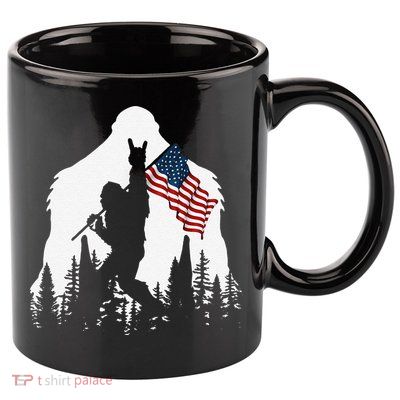 Funny Bigfoot Rock On Hold American Flag Sasquatch Believers 11oz C Handle Ceramic Mug