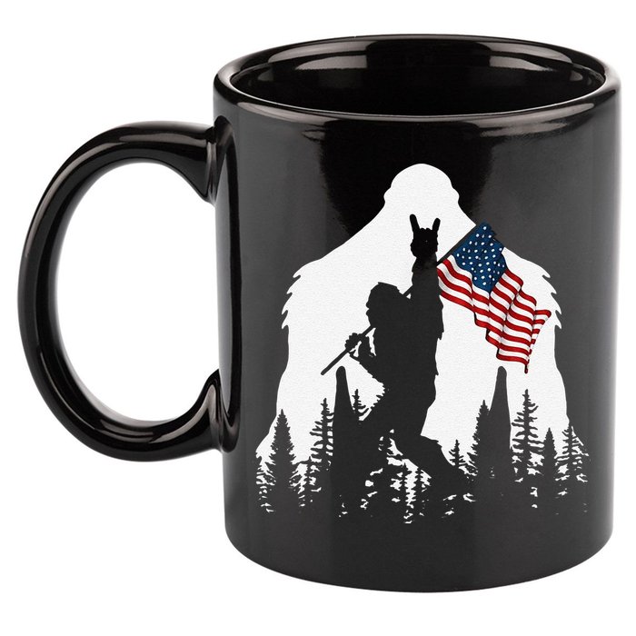 Funny Bigfoot Rock On Hold American Flag Sasquatch Believers 11oz C Handle Ceramic Mug