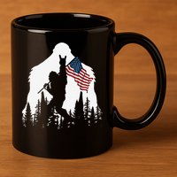Funny Bigfoot Rock On Hold American Flag Sasquatch Believers 11oz C Handle Ceramic Mug
