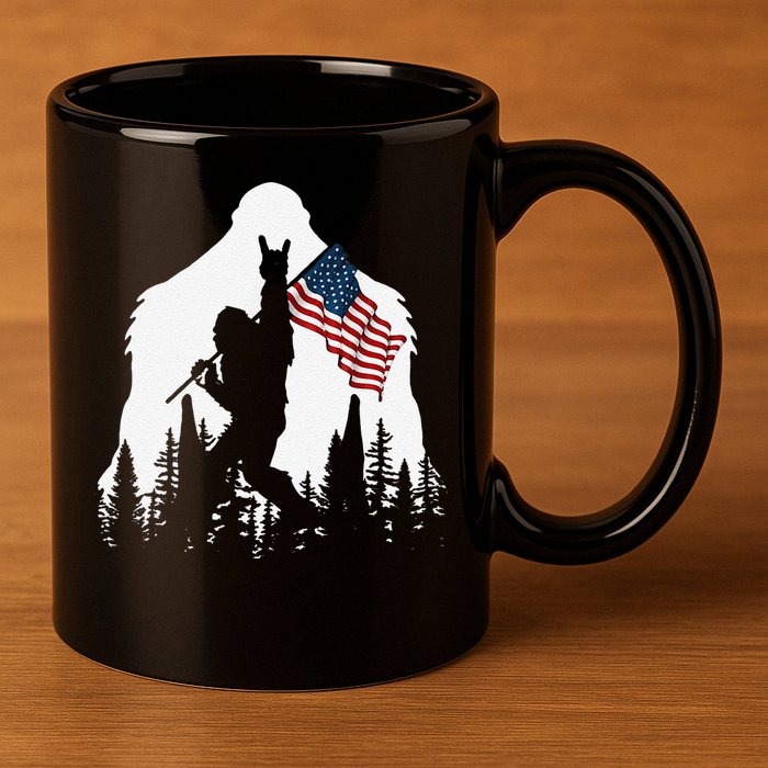 Funny Bigfoot Rock On Hold American Flag Sasquatch Believers 11oz C Handle Ceramic Mug