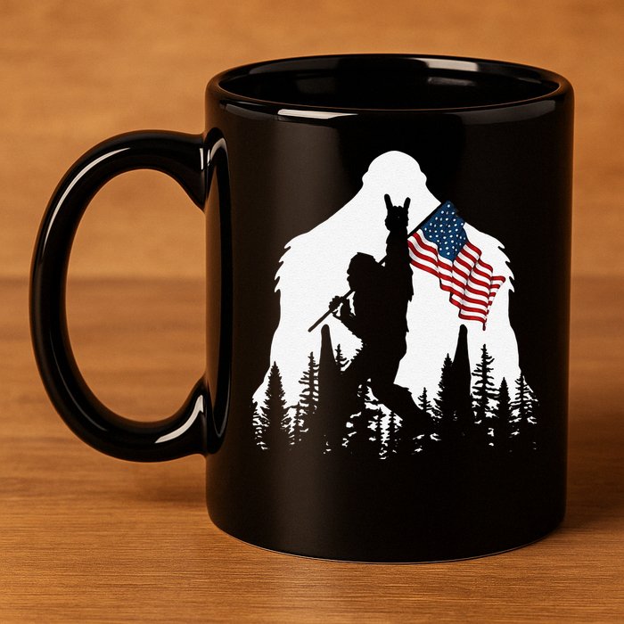 Funny Bigfoot Rock On Hold American Flag Sasquatch Believers 11oz C Handle Ceramic Mug