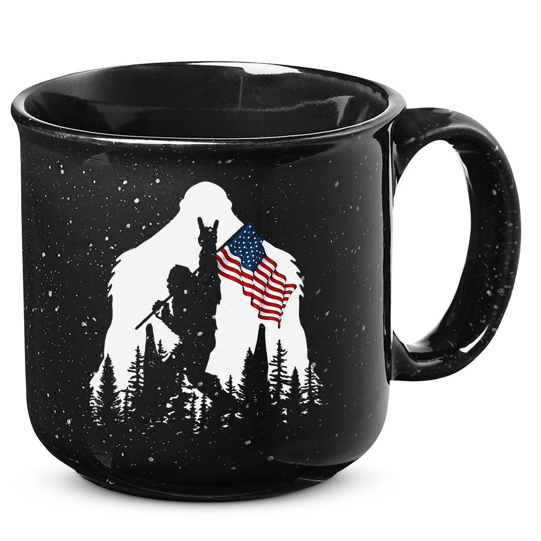 Funny Bigfoot Rock On Hold American Flag Sasquatch Believers 15oz Campfire Ceramic Mug