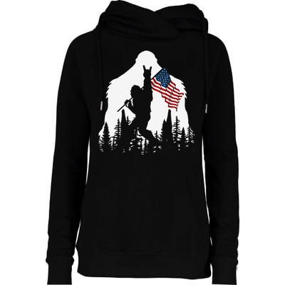 Funny Bigfoot Rock On Hold American Flag Sasquatch Believers Womens Funnel Neck Pullover Hood