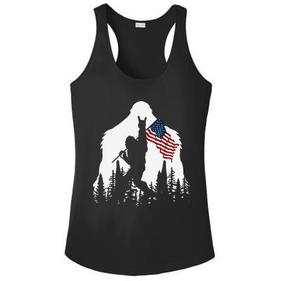 Funny Bigfoot Rock On Hold American Flag Sasquatch Believers Ladies PosiCharge Competitor Racerback Tank