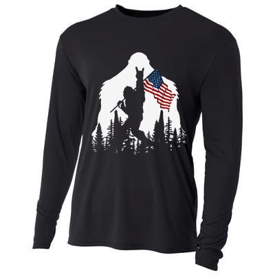Funny Bigfoot Rock On Hold American Flag Sasquatch Believers Cooling Performance Long Sleeve Crew