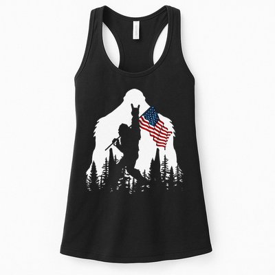 Funny Bigfoot Rock On Hold American Flag Sasquatch Believers Womens Tank Top