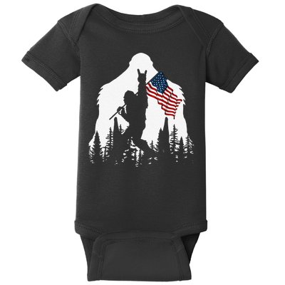 Funny Bigfoot Rock On Hold American Flag Sasquatch Believers Baby Bodysuit
