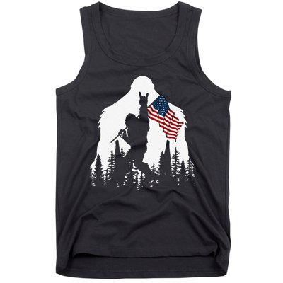 Funny Bigfoot Rock On Hold American Flag Sasquatch Believers Tank Top