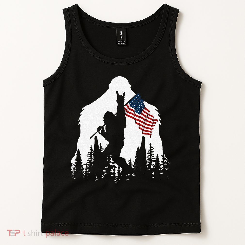 Funny Bigfoot Rock On Hold American Flag Sasquatch Believers Tank Top