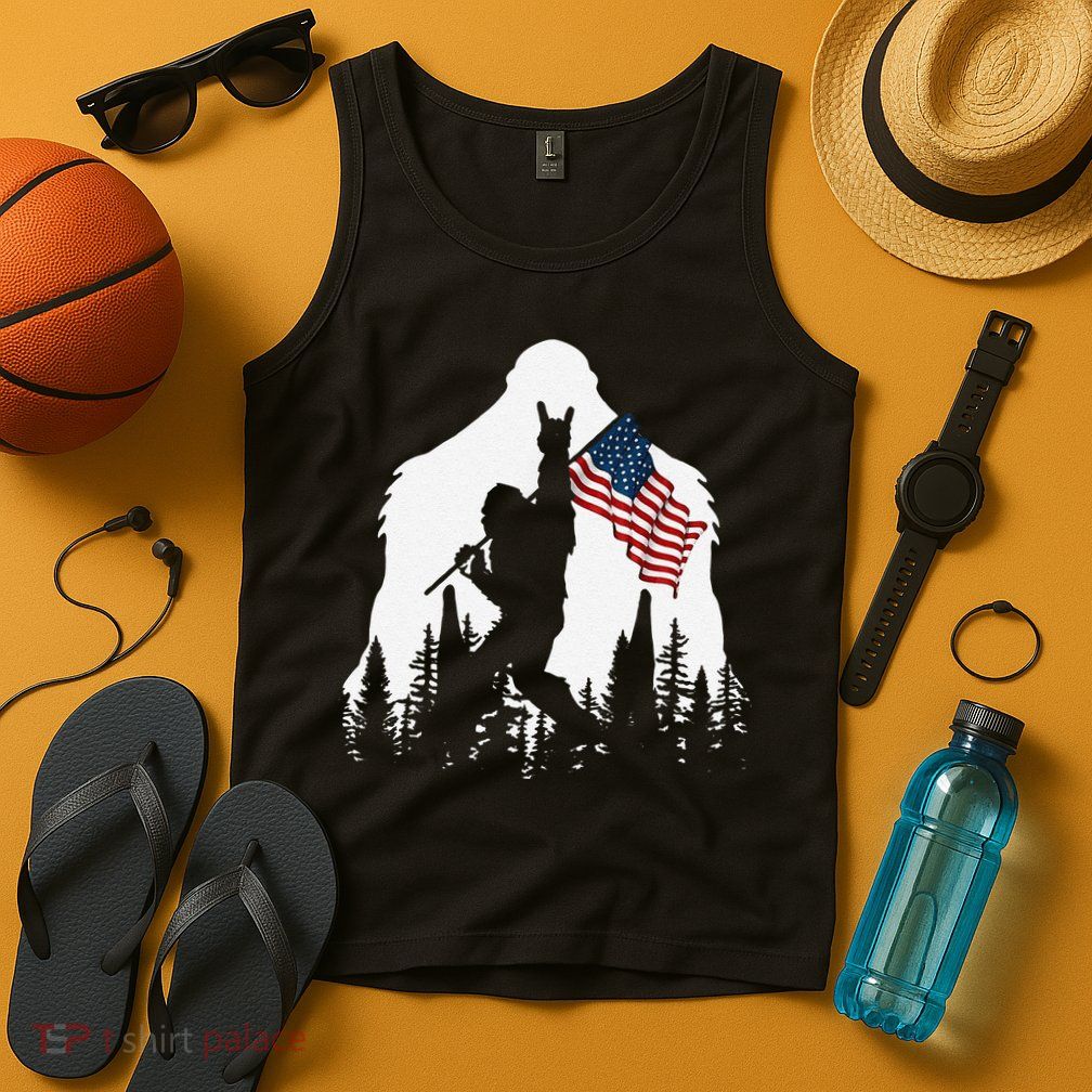Funny Bigfoot Rock On Hold American Flag Sasquatch Believers Tank Top