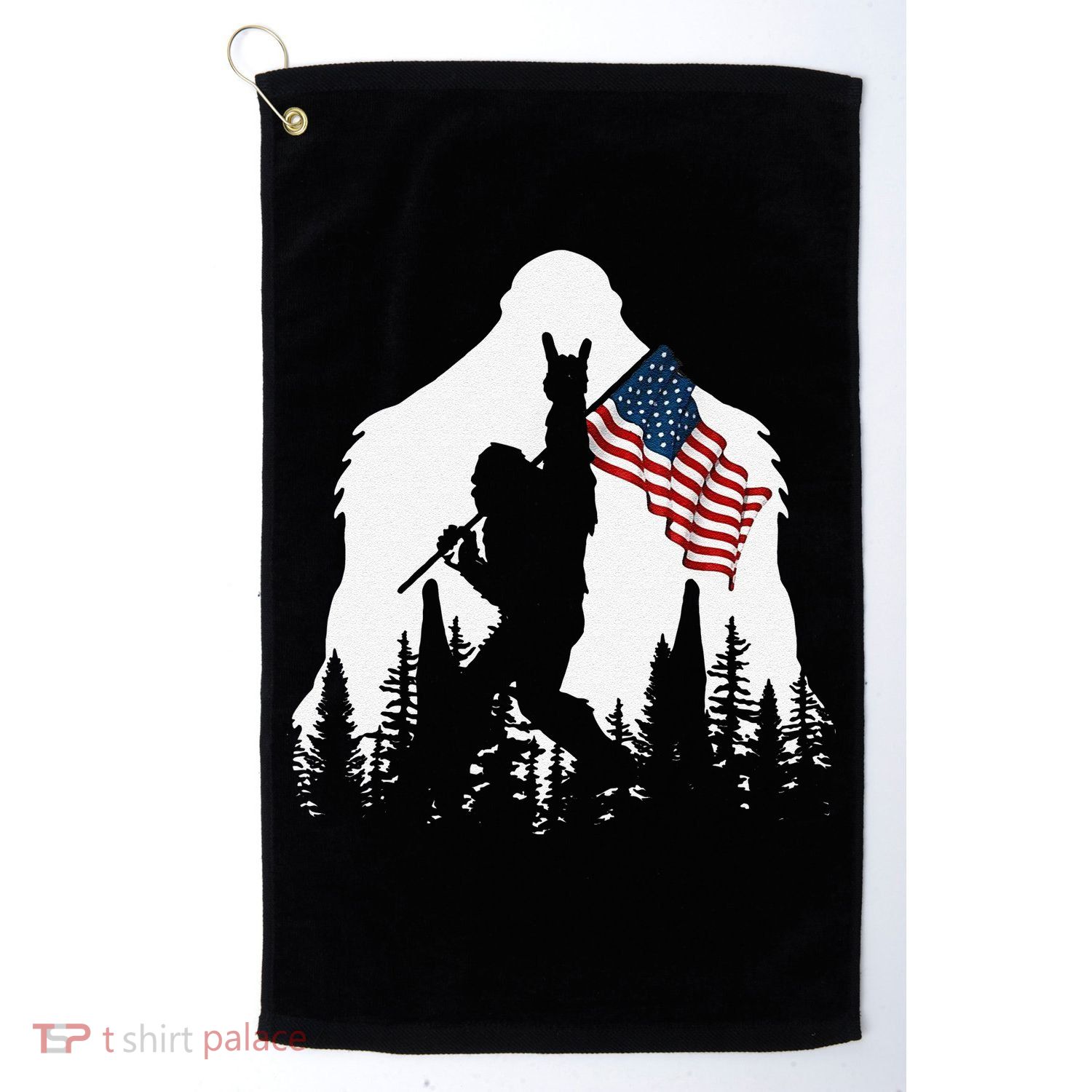 Funny Bigfoot Rock On Hold American Flag Sasquatch Believers Golf Towel