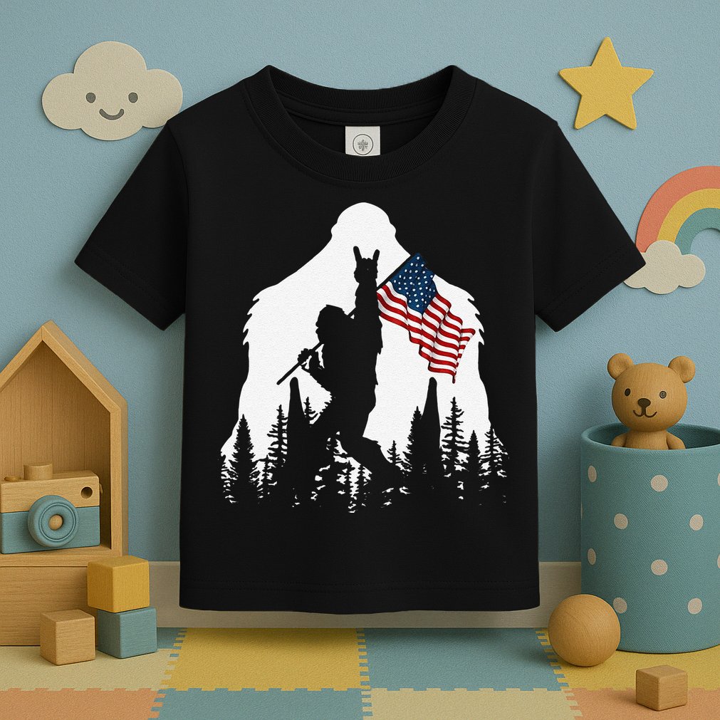 Funny Bigfoot Rock On Hold American Flag Sasquatch Believers Toddler T-Shirt