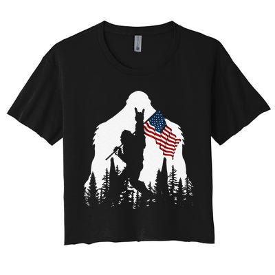 Funny Bigfoot Rock On Hold American Flag Sasquatch Believers Crop Top