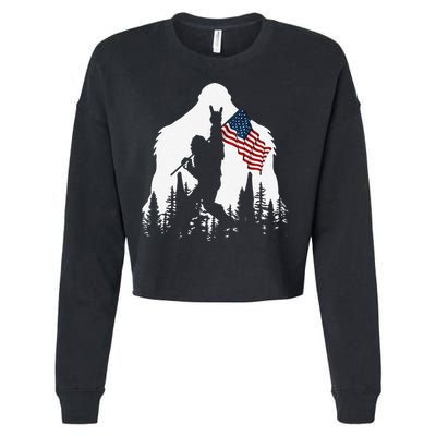 Funny Bigfoot Rock On Hold American Flag Sasquatch Believers Cropped Pullover Crew