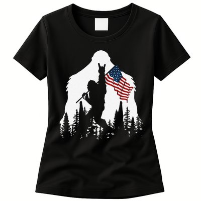 Funny Bigfoot Rock On Hold American Flag Sasquatch Believers Womens T-Shirt