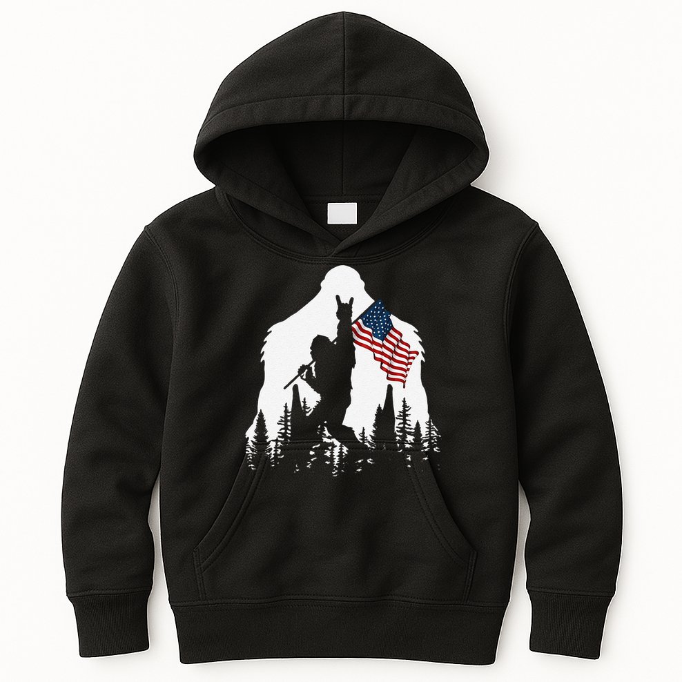 Funny Bigfoot Rock On Hold American Flag Sasquatch Believers Kids Hoodie