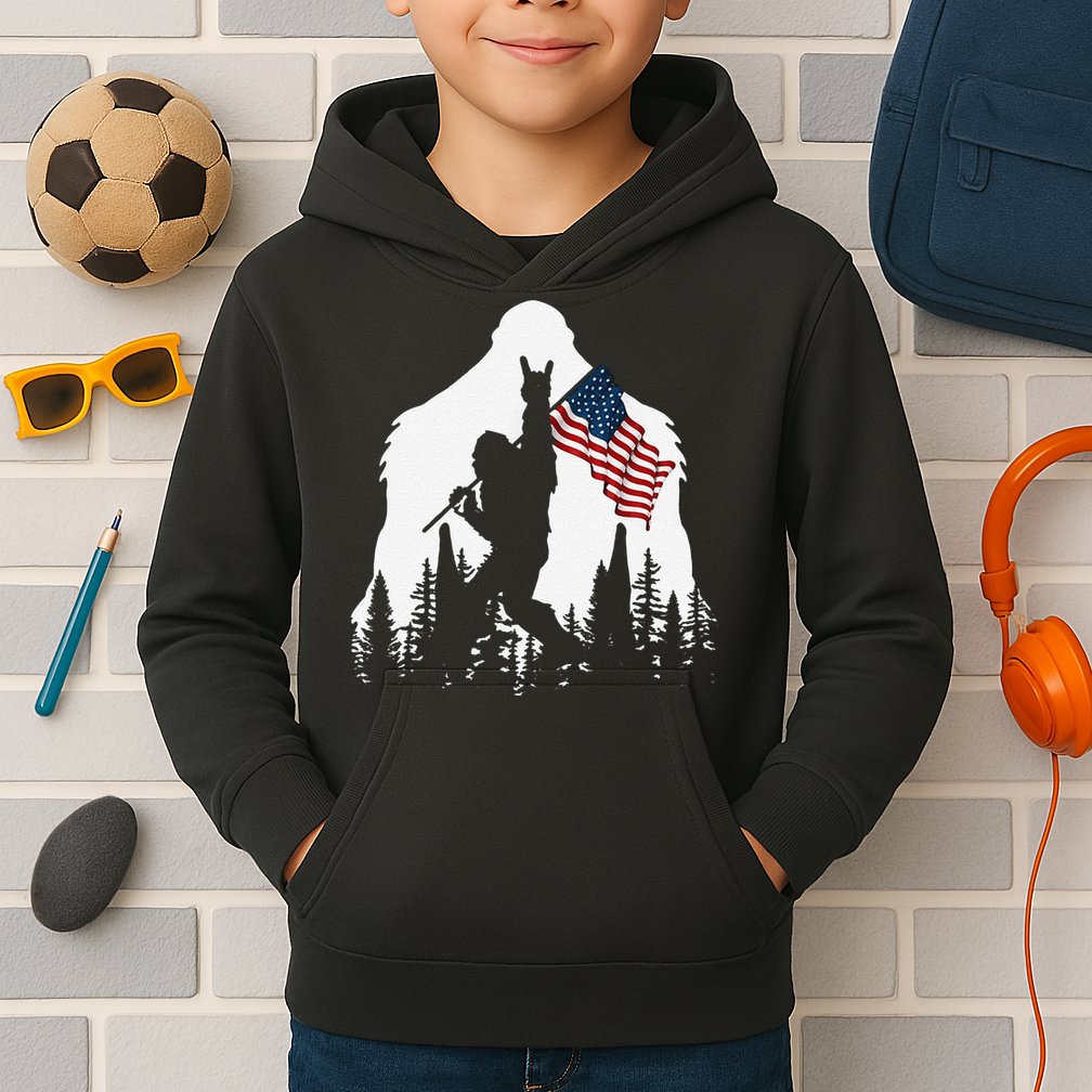 Funny Bigfoot Rock On Hold American Flag Sasquatch Believers Kids Hoodie
