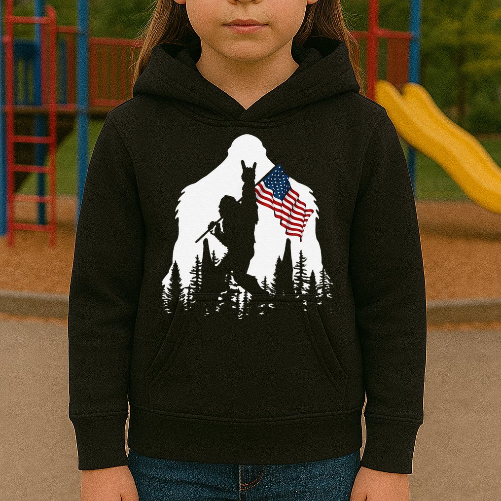Funny Bigfoot Rock On Hold American Flag Sasquatch Believers Kids Hoodie