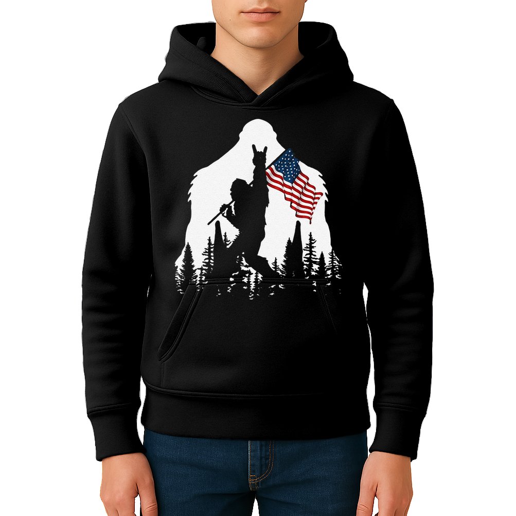 Funny Bigfoot Rock On Hold American Flag Sasquatch Believers Kids Hoodie
