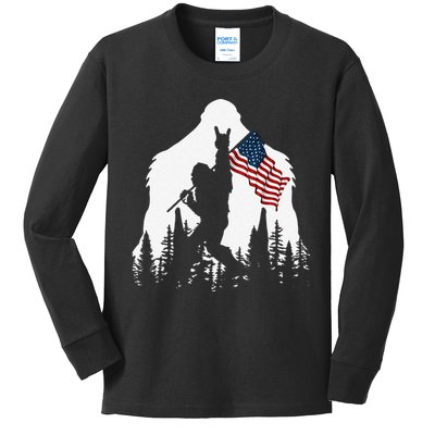 Funny Bigfoot Rock On Hold American Flag Sasquatch Believers Kids Long Sleeve Shirt