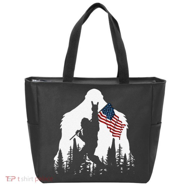 Funny Bigfoot Rock On Hold American Flag Sasquatch Believers Zip Tote Bag