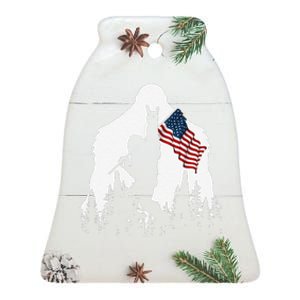 Funny Bigfoot Rock On Hold American Flag Sasquatch Believers Ceramic Bell Ornament