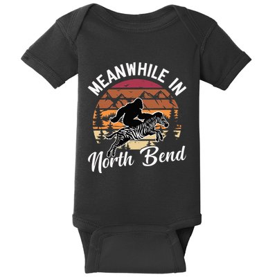 Funny Bigfoot Riding A Zebra Meanwhile In North Bend Retro Baby Bodysuit